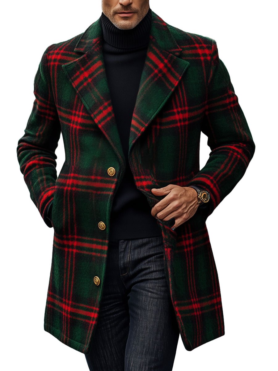 Men's Wool Coat with Red and Green Plaid