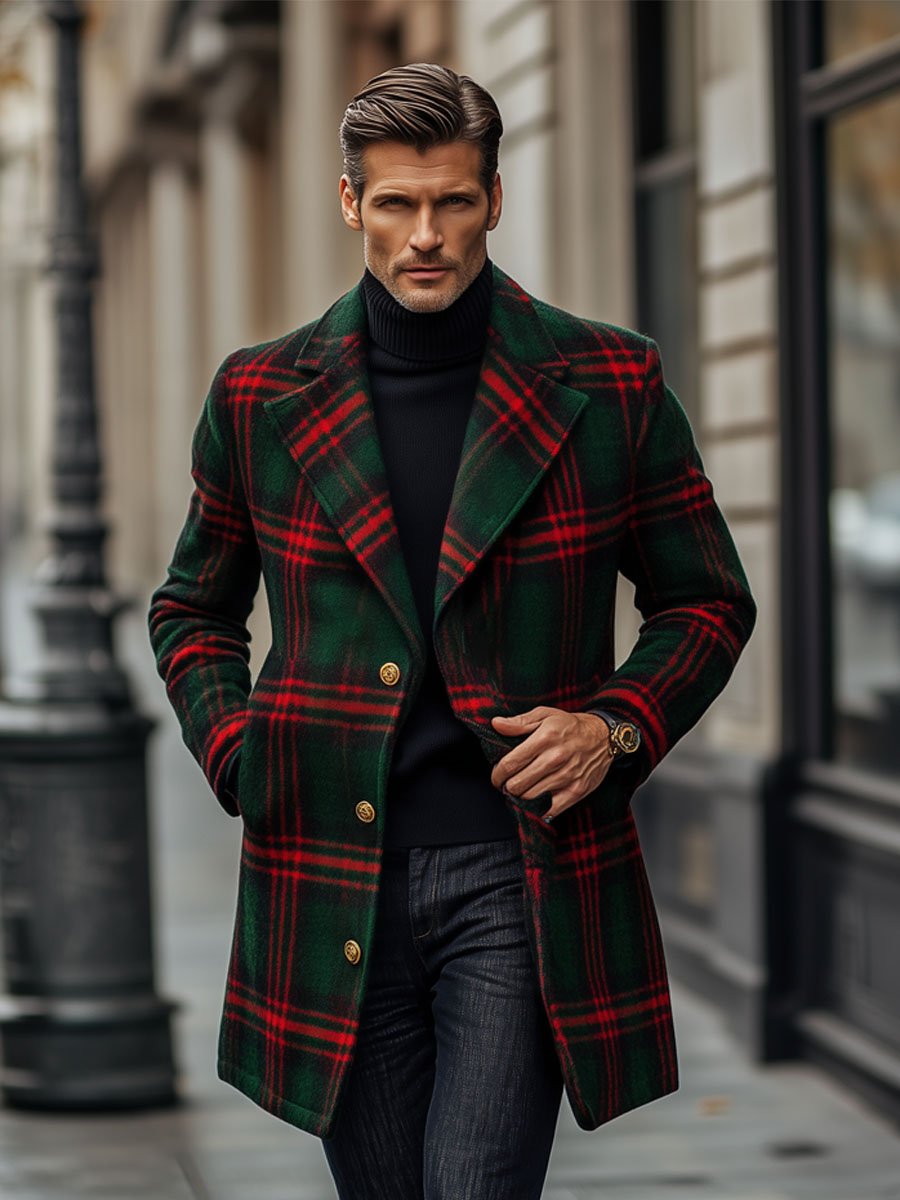 Men's Wool Coat with Red and Green Plaid