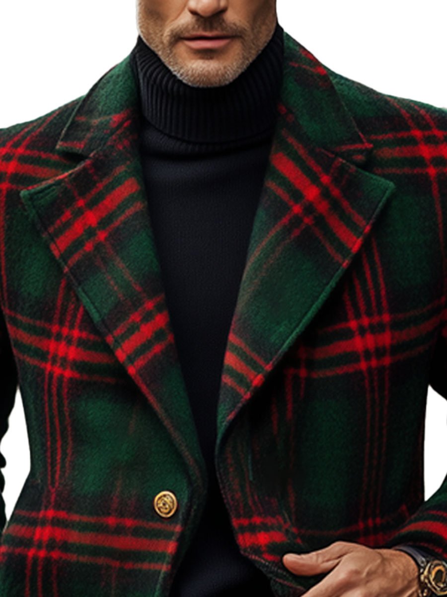 Men's Wool Coat with Red and Green Plaid