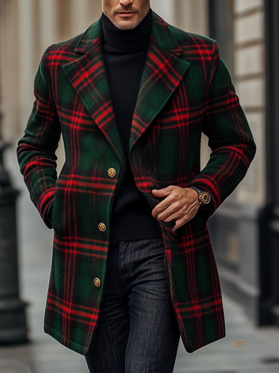 Men's Wool Coat with Red and Green Plaid